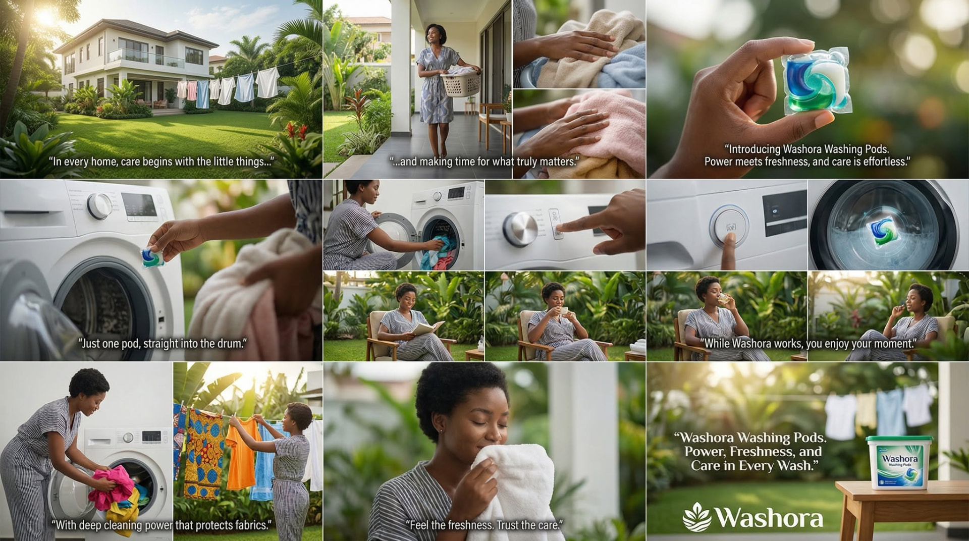 Washora laundry pods campaign storyboard: home, washing machine, pod and fresh laundry